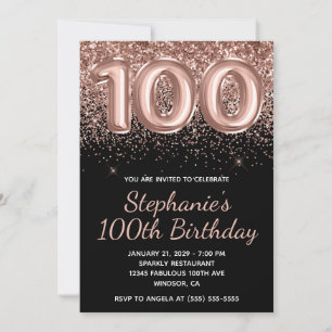 Rose Gold Glitter Number 100 Black Birthday Invitation