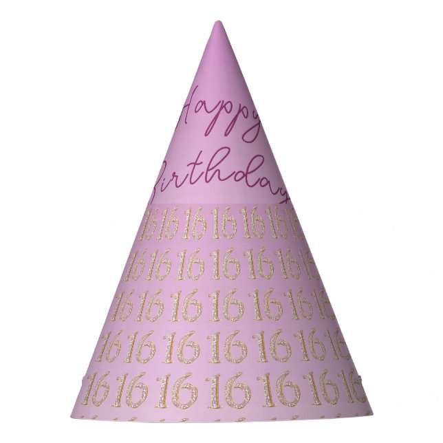 Rose Gold Glitter Number 16, Sweet 16 Birthday Party Hat (Front)