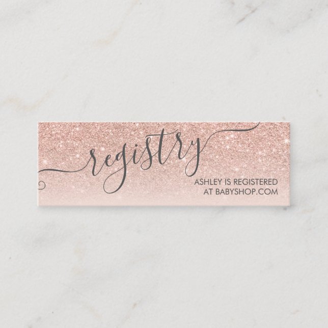 Rose gold glitter ombre Baby shower registry Mini Business Card (Front)