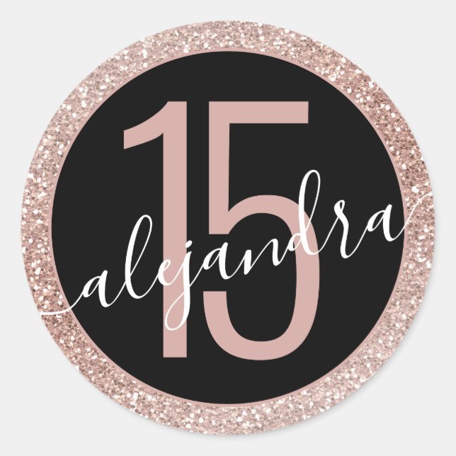Rose Gold Glitter Ombre Black Quince Años Favour Classic Round Sticker (Front)