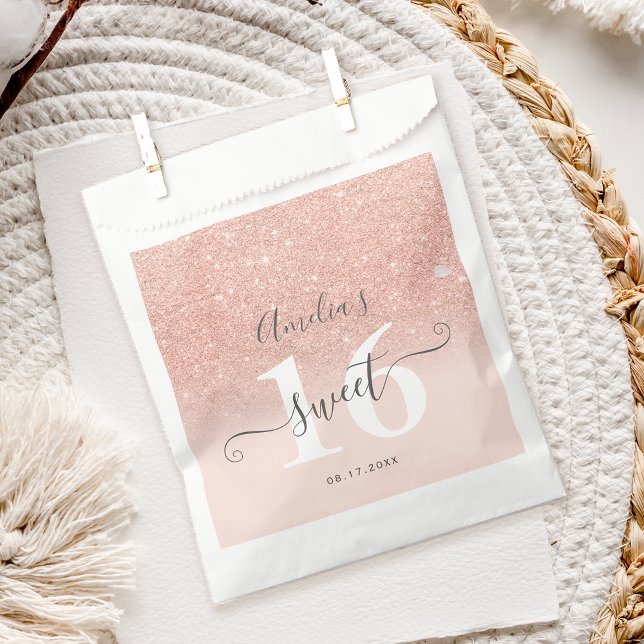 Rose gold glitter ombre blush pink script Sweet 16 Favour Bags (Rose gold glitter ombre blush pink script Sweet 16 Favor Bag)
