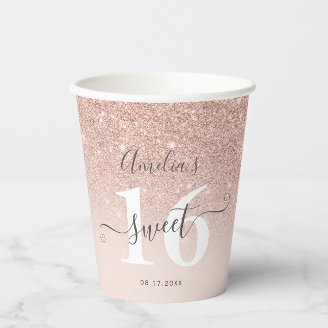 Rose gold glitter ombre blush pink script Sweet 16 Paper Cups (Front)