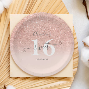 Rose gold glitter ombre blush pink script Sweet 16 Paper Plate