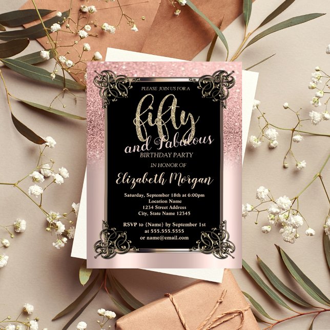 Rose Gold Glitter Ombre Border 50th Birthday Party Invitation (Creator Uploaded)