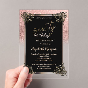 Rose Gold Glitter Ombre Border 60th Birthday Party Acrylic Invitations