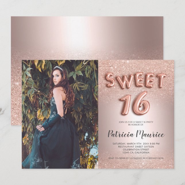 Rose gold glitter ombre letter foil photo sweet 16 invitation (Front/Back)