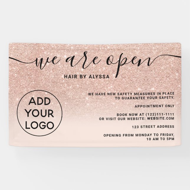 Rose gold glitter ombre logo blush pink We're open Banner (Horizontal)