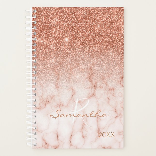Rose Gold Glitter Ombre Marble Yearly Monogram Planner (Front)