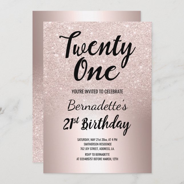 Rose gold glitter ombre metallic 21st Birthday Invitation (Front/Back)