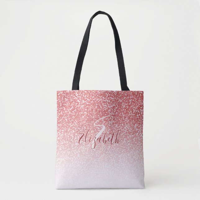 Rose Gold Glitter Ombre Modern Monogram Tote Bag (Front)