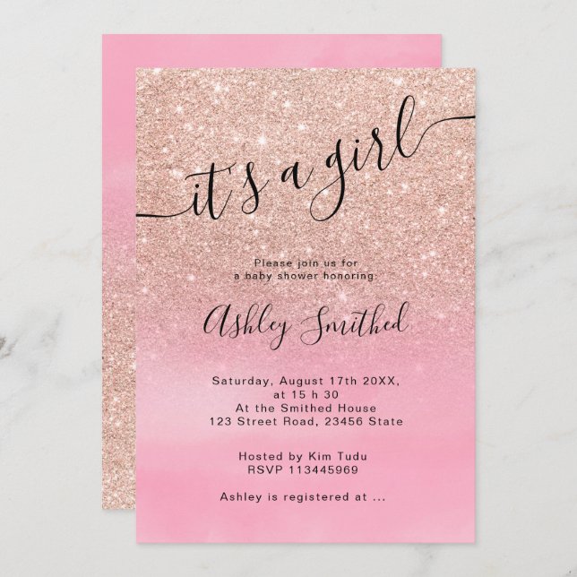 Rose gold glitter ombre pink script baby shower invitation (Front/Back)