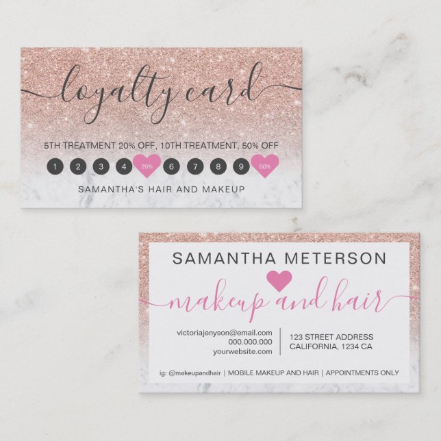Rose gold glitter ombre script makeup marble 10 lo loyalty card (Front/Back)