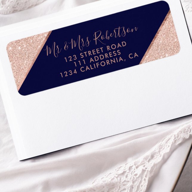Rose gold glitter ombre script navy blue wedding (Rose gold glitter ombre script navy blue wedding label)