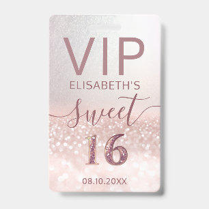 Rose gold glitter ombre script Sweet 16 VIP  Badge ID Badge