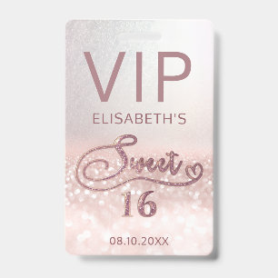 Rose gold glitter ombre script Sweet 16 VIP  ID Badge