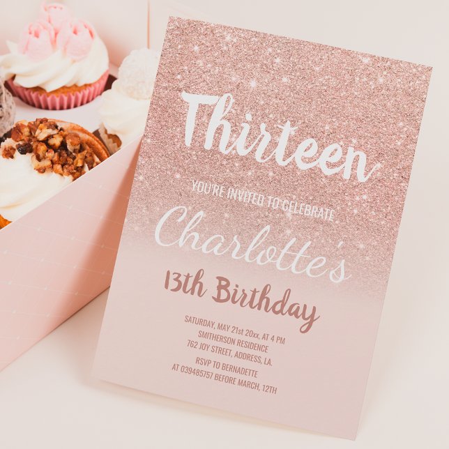 Rose gold glitter ombre script thirteen Birthday Invitation (Creator Uploaded)