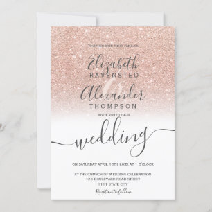 Rose gold glitter ombre white script chic wedding invitation