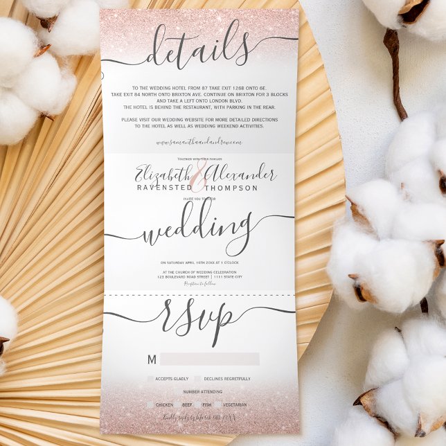 Rose gold glitter ombre white script chic wedding Tri-Fold invitation (Creator Uploaded)