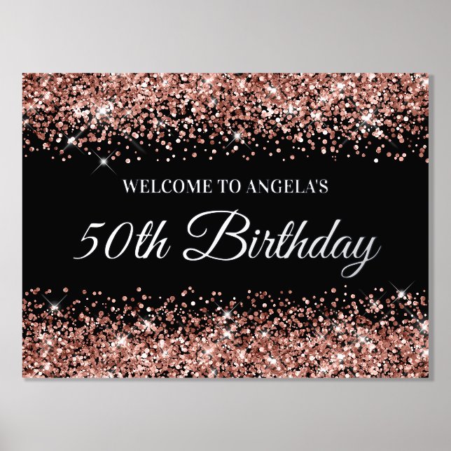 Rose Gold Glitter on Black 50th Birthday Welcome Foil Prints (Front)