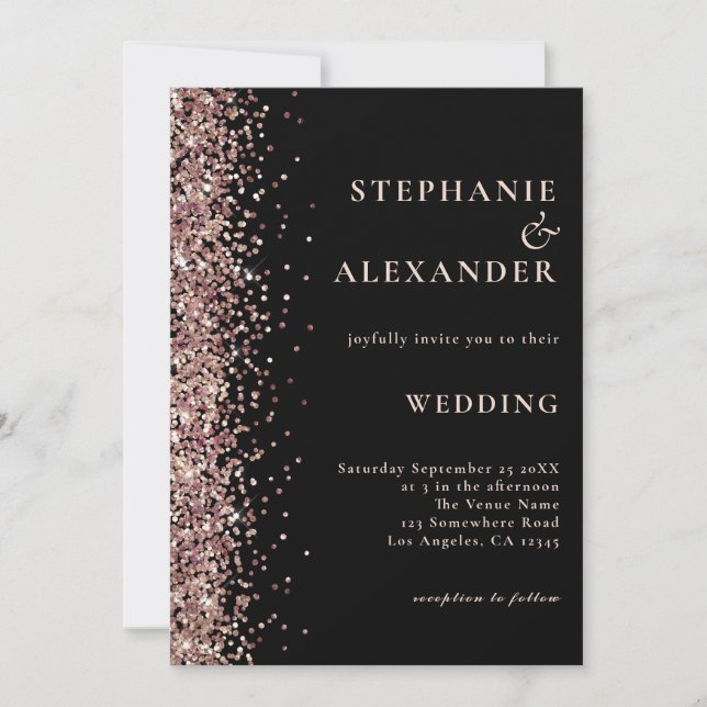 Rose Gold Glitter on Black Wedding Invitation (Front)