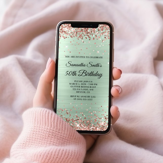 Rose Gold Glitter Pale Mint Foil 50th Birthday Invitation (Rose Gold Glitter Pale Mint Foil 50th Birthday Invitation)