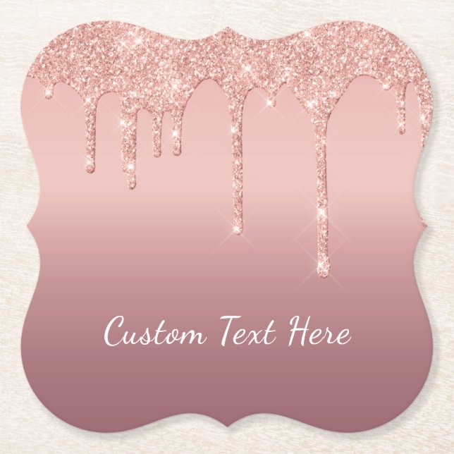 Rose Gold Glitter Paper Coaster with Custom Text (Front)