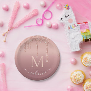 Rose Gold Glitter Paper Plates Custom Name Letter
