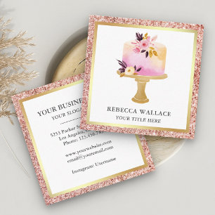 Rose Gold Glitter Pastel Floral Cake Bakery Square Business Card