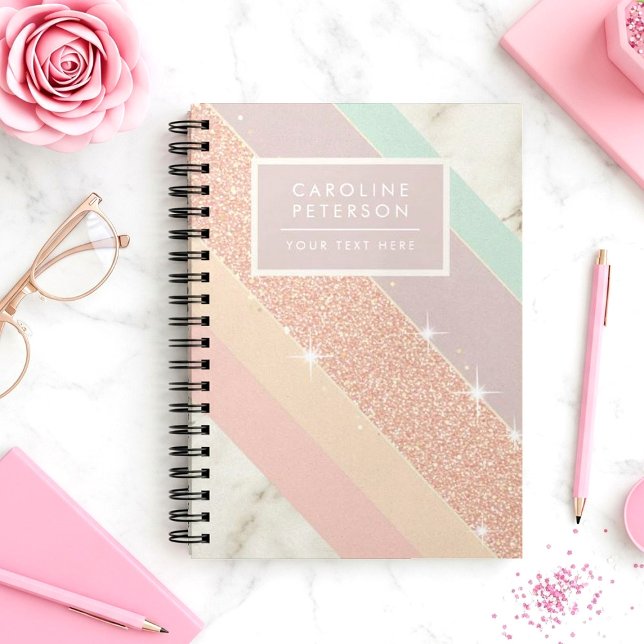Rose Gold Glitter Pastel Marble Diagonal Stripes Notebook (Creator Uploaded)