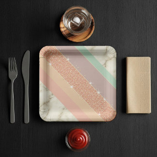 Rose Gold Glitter Pastel Marble Diagonal Stripes Paper Plate