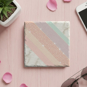 Rose Gold Glitter Pastel Marble Diagonal Stripes Stone Coaster