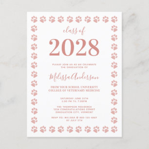 Rose Gold Glitter Paw Prints Graduation Invitation Postcard