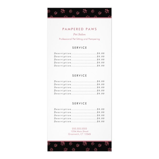 Rose Gold Glitter Paw Prints Pet Salon Service Rack Card (Front)
