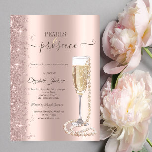 Rose Gold Glitter Pearls & Prosecco Bridal Shower Invitation
