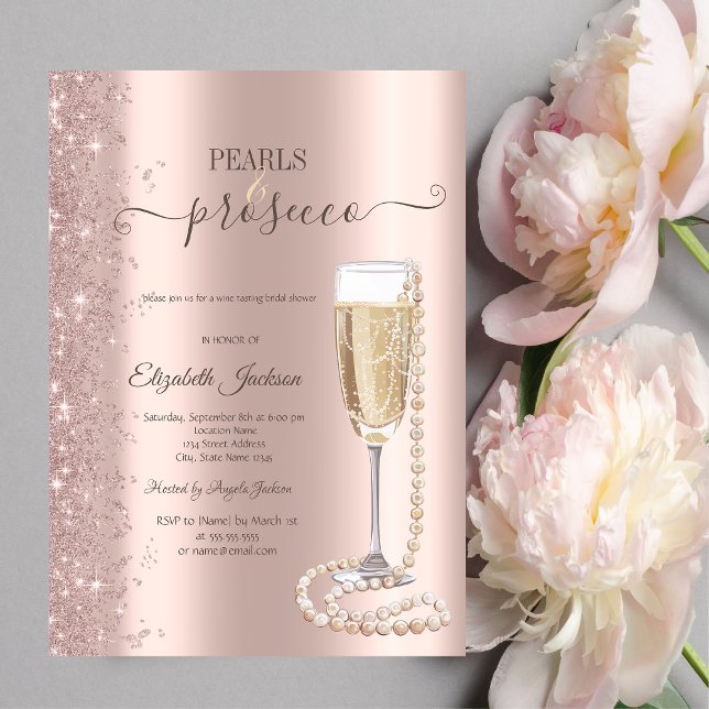 Rose Gold Glitter Pearls & Prosecco Bridal Shower  Invitation (Creator Uploaded)