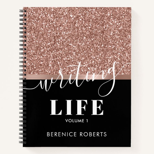 Rose Gold Glitter Personalised Black Writers Notebook (Front)