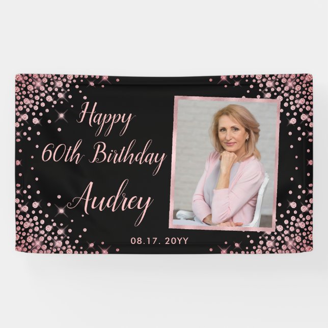 Rose Gold Glitter Photo 60th Birthday Welcome  Banner (Horizontal)