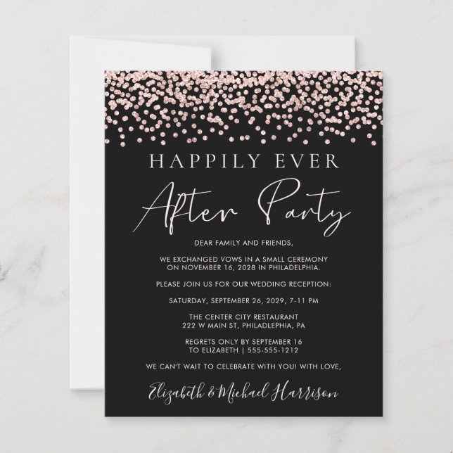 Rose Gold Glitter Photo Black Reception Invite (Front)