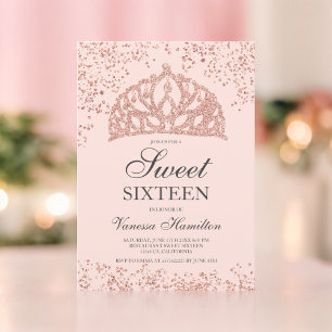 Rose gold glitter photo blush crown tiara Sweet 16 Invitation