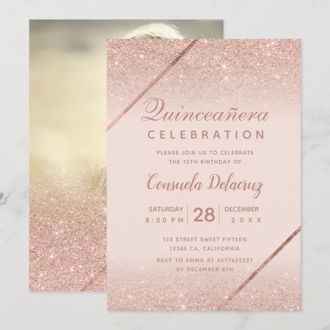 Rose gold glitter photo blush pink Quinceanera Invitation (Front/Back)