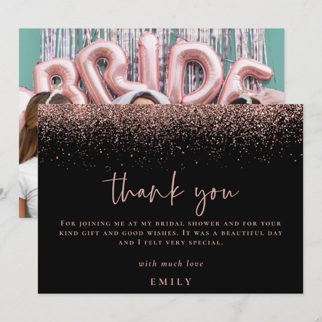 Rose Gold Glitter Photo Bridal Shower Thank You Card (Front/Back)