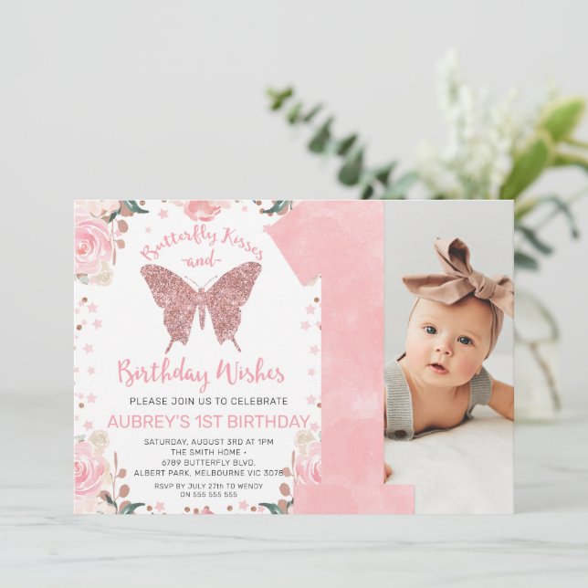 Rose Gold Glitter Photo Butterfly First Birthday Invitation (Standing Front)