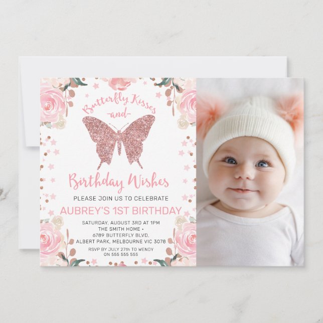Rose Gold Glitter Photo Butterfly Kisses Birthday Invitation (Front)