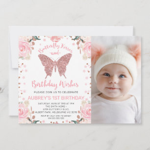 Rose Gold Glitter Photo Butterfly Kisses Birthday Invitation