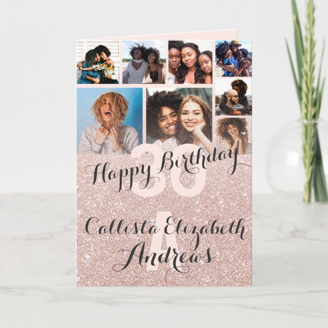 Rose Gold Glitter Photo Collage Happy Birthday Card (Front)