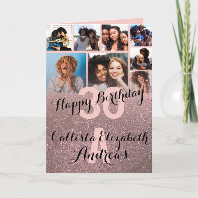 Rose Gold Glitter Photo Collage Happy Birthday Card (Front)