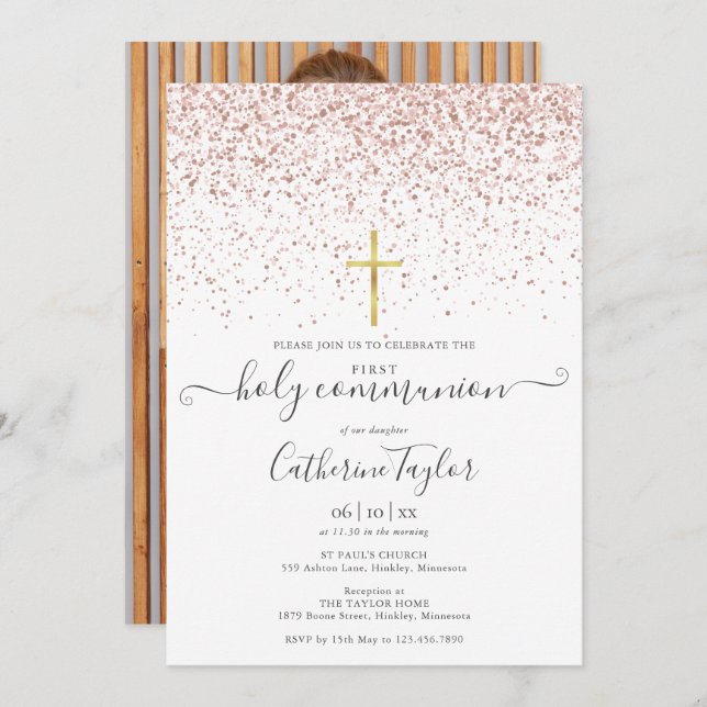 Rose Gold Glitter Photo First Holy Communion Invitation (Front/Back)