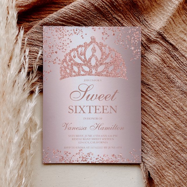 Rose gold glitter photo foil crown tiara Sweet 16 Invitation (Creator Uploaded)