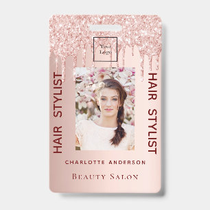 Rose gold glitter photo hair stylist beauty salon ID badge