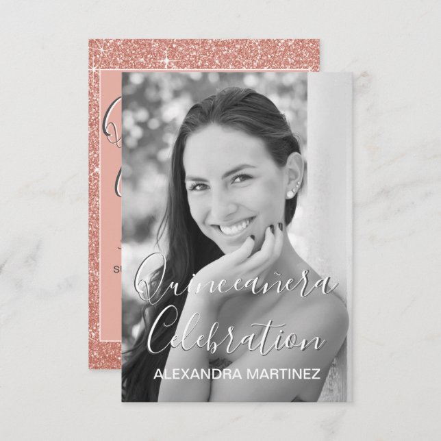 Rose Gold Glitter Photo - Quinceanera Celebration Invitation (Front/Back)